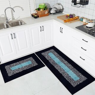 Kitchen Set | Luxury Kitchen Floor Door Mat Runner Set | Doormat for Kitchen | Cotton Border Kitchen Set | Door Mat & Kitchen Runner Set | 2 Pcs Set | Blue