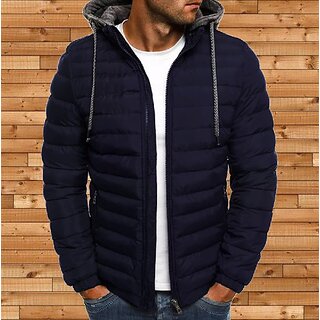 Fashlook Puffer Solid Full Sleeve Navy Blue Jacket for Mens