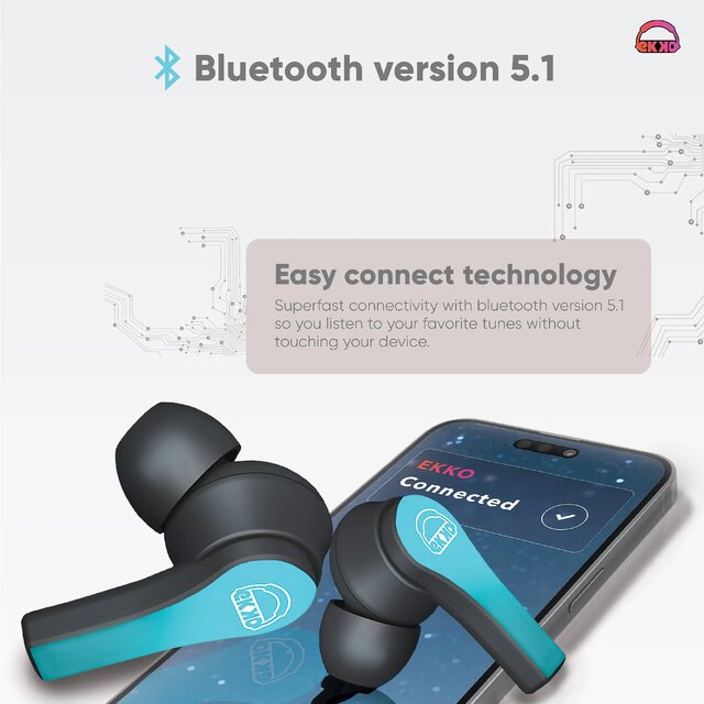 EKKO Earbeat T08 AlterEgo : Mic, ENC Call Noise Cancellation, 40H Playtime, 10MM Driver, Twin Connect, Massive Bass, Water Resistance, Siri & Google(Teal)