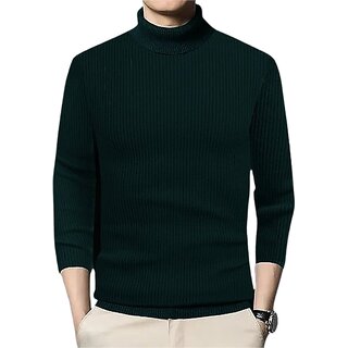                       Fashlook Solid High Neck Wool Blend Casual Green Full Sleeve T-Shirt For Mens                                              