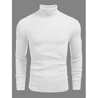                       Fashlook Striped High Neck Pure Cotton Casual White Full Sleeve T-Shirt For Mens                                              