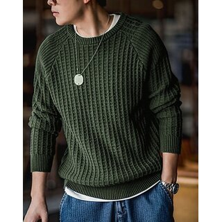 Fashlook Solid Round Neck Wool Blend Casual Green Full Sleeve T-Shirt For Mens