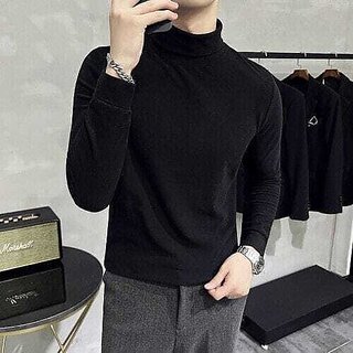                       Fashlook Solid High Neck Wool Blend Casual Black Full Sleeve T-Shirt For Mens                                              