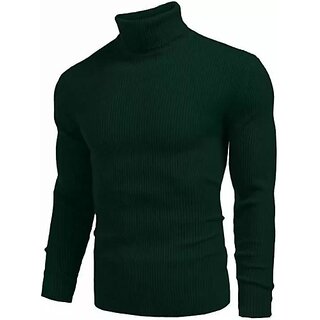                       Fashlook Solid High Neck Cotton Blend Casual Green Full Sleeve T-Shirt For Mens                                              