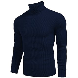                       Fashlook Solid High Neck Wool Blend Casual Blue Full Sleeve T-Shirt For Mens                                              