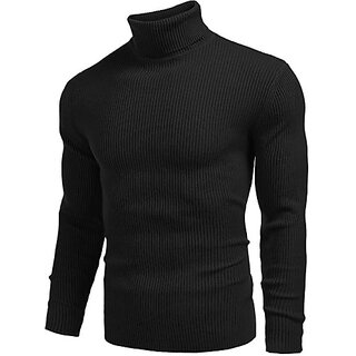                       Fashlook Solid High Neck Wool Blend Casual Black Full Sleeve T-Shirt For Mens                                              