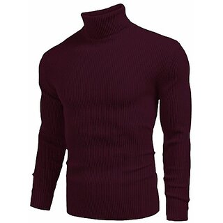                       Fashlook Solid High Neck Wool Blend Casual Maroon Full Sleeve T-Shirt For Mens                                              