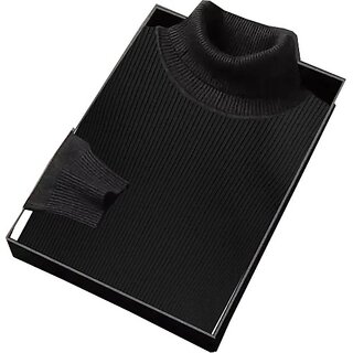                       Fashlook Solid High Neck Wool Blend Casual Black Full Sleeve T-Shirt For Mens                                              
