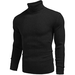                       Fashlook Solid High Neck Cotton Blend Casual Black Full Sleeve T-Shirt For Mens                                              