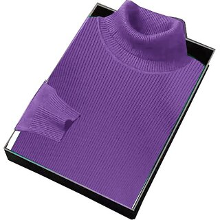                       Fashlook Solid High Neck Wool Blend Casual Purple Full Sleeve T-Shirt For Mens                                              