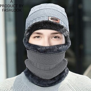 Fashlook Woolen Grey Casual Winter Cap