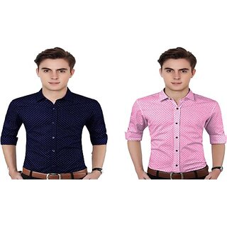                       Fashlook Polka Print Curved Collar Regular Fit Cotton Blend Casual Blue///Pink Shirt For Mens (Pack of 2)                                              