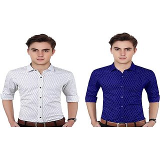                       Fashlook Polka Print Curved Collar Regular Fit Cotton Blend Casual White///Blue Shirt For Mens (Pack of 2)                                              