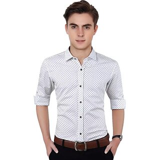                       Fashlook Polka Print Curved Collar Regular Fit Cotton Blend Casual White Shirt For Mens                                              