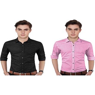                       Fashlook Polka Print Curved Collar Regular Fit Cotton Blend Casual Dark Blue///Black Shirt For Mens (Pack of 2)                                              