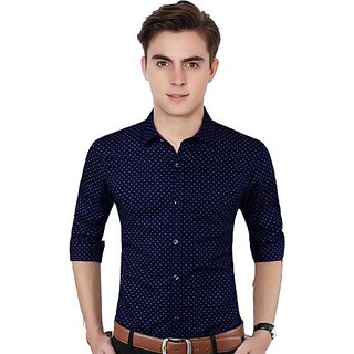                       Fashlook Polka Print Curved Collar Regular Fit Cotton Blend Formal Blue Shirt For Mens                                              
