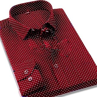                       Fashlook Polka Print Curved Collar Regular Fit Cotton Blend Formal Maroon Shirt For Mens                                              