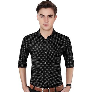                       Fashlook Printed Curved Collar Regular Fit Cotton Blend Casual Black Shirt For Mens                                              