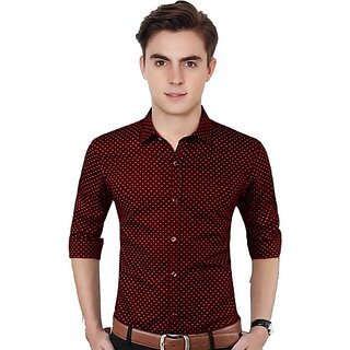                       Fashlook Printed Curved Collar Regular Fit Cotton Blend Casual Maroon Shirt For Mens                                              