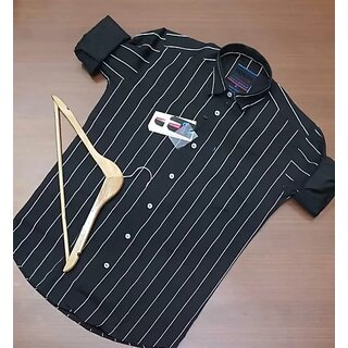                       Fashlook Striped Curved Collar Regular Fit Cotton Blend Casual Black Shirt For Mens                                              