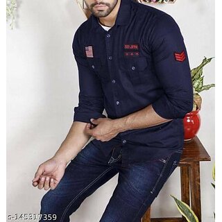                      Fashlook Solid Curved Collar Regular Fit Cotton Blend Casual Dark Blue Shirt For Mens                                              