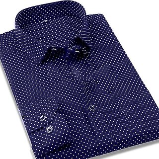                       Fashlook Polka Print Curved Collar Regular Fit Cotton Blend Casual Dark Blue Shirt For Mens                                              