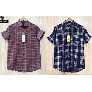                       Fashlook Checkered Curved Collar Regular Fit Cotton Blend Casual Multicolor Shirt For Mens (Pack of 2)                                              