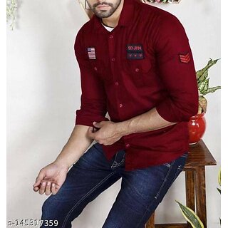                       Fashlook Solid Curved Collar Regular Fit Cotton Blend Casual Maroon Shirt For Mens                                              