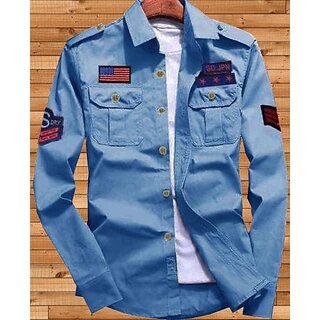                       Fashlook Solid Curved Collar Regular Fit Cotton Blend Casual Light Blue Shirt For Mens                                              