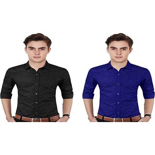                       Fashlook Polka Print Curved Collar Regular Fit Cotton Blend Casual Dark Blue///Black Shirt For Mens (Pack of 2)                                              