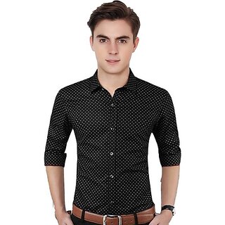                       Fashlook Polka Print Curved Collar Regular Fit Cotton Blend Casual Black Shirt For Mens                                              