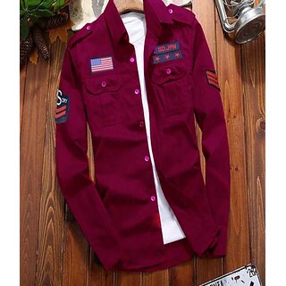                       Fashlook Printed Curved Collar Regular Fit Cotton Blend Casual Maroon Shirt For Mens                                              