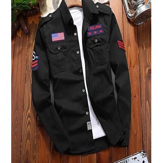                       Fashlook Printed Curved Collar Regular Fit Cotton Blend Casual Black Shirt For Mens                                              