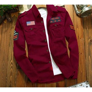                       Fashlook Printed Curved Collar Regular Fit Cotton Blend Casual Maroon Shirt For Mens                                              