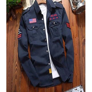                       Fashlook Printed Curved Collar Regular Fit Cotton Blend Casual Navy Shirt For Mens                                              