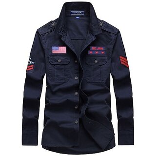                       Fashlook Printed Curved Collar Regular Fit Cotton Blend Casual Navy Shirt For Mens                                              