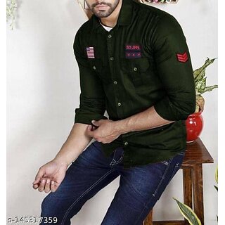                       Fashlook Self Design Curved Collar Regular Fit Cotton Blend Casual Dark Green Shirt For Mens                                              