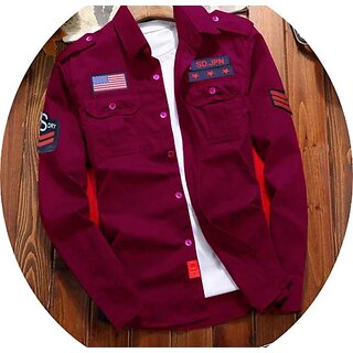                       Fashlook Solid Curved Collar Regular Fit Cotton Blend Casual Maroon Shirt For Mens                                              