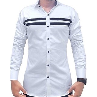                       Fashlook Striped Curved Collar Regular Fit Cotton Blend Casual White Shirt For Mens                                              
