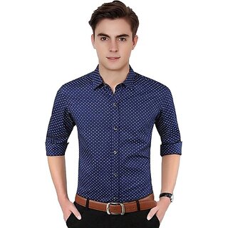                       Fashlook Solid Curved Collar Regular Fit Cotton Blend Casual Dark Blue Shirt For Mens                                              