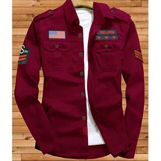                       Fashlook Solid Curved Collar Regular Fit Cotton Blend Casual Maroon Shirt For Mens                                              