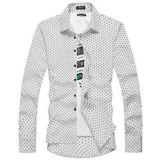                       Fashlook Polka Print Curved Collar Regular Fit Cotton Blend Casual White Shirt For Mens                                              