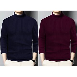                       Fashlook Solid Blue, Maroon Full Sleeve Sweaters For Mens (Pack of 2)                                              