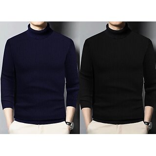                       Fashlook Solid Blue, Black Full Sleeve Sweaters For Mens (Pack of 2)                                              