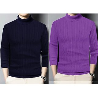                       Fashlook Solid Blue, Purple Full Sleeve Sweaters For Mens (Pack of 2)                                              