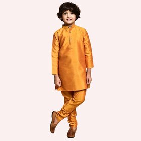 Roundfeet Boys Solid Pure Silk Kurta and Pyjama Set (Orange)