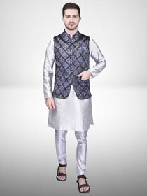 Roundfeet Men Silk Blend Blue Kurta Pyjama Ethnic Jacket Set