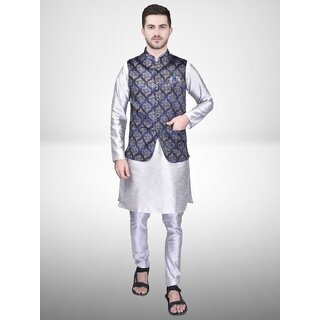 Roundfeet Men Silk Blend Blue Kurta Pyjama Ethnic Jacket Set