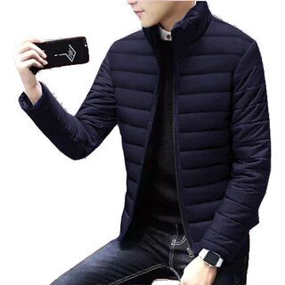                      Fashlook Full Sleeve Solid Fluffy Dark Blue Jacket For Mens                                              