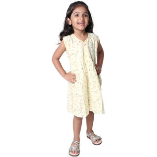                       Kid Kupboard Cotton Girls A-Line Frock, Light Yellow, Sleeveless, 6-7 Years KIDS6777                                              